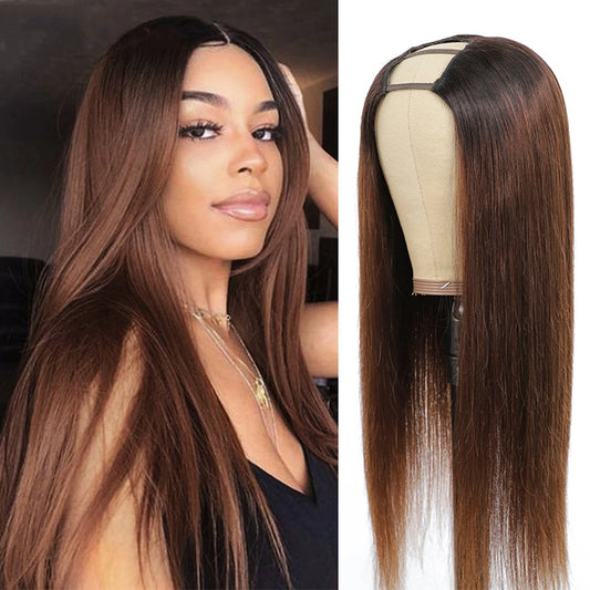 Ombre Highlighted Silky Straight  Human Hair U-Part Wig - Remy Human Hair Lace Wig