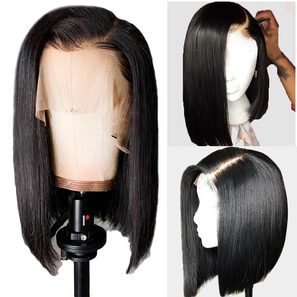 Peruvian Silky Straight 13x6 Transparent Lace Frontal Bob Wig Natural Human Hair Wig Color 1B Natural