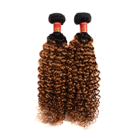 Peruvian Jerry Curl Virgin Human Hair Bundle, Grade 12A, Color T1B30, 3 Bundles