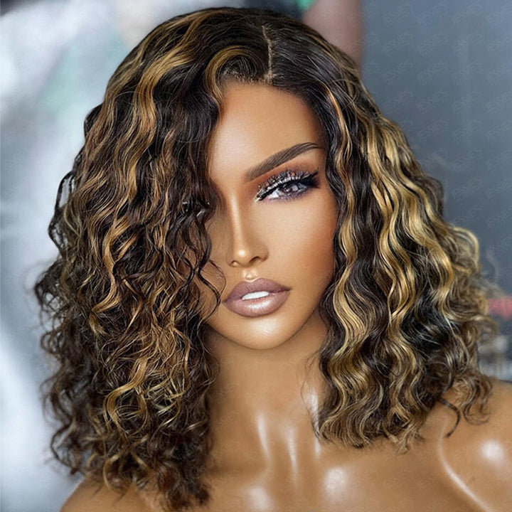 Glueless Honey Blonde Highlight Deep Wave 13x4 HD Lace Front Human Hair Bob Wig